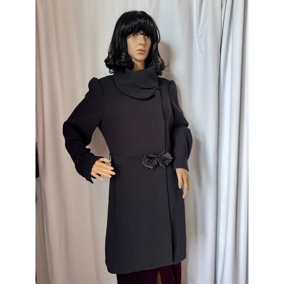H&M Black dress coat rounded fold over collar with flower belt 12 - Picture 17 of 17